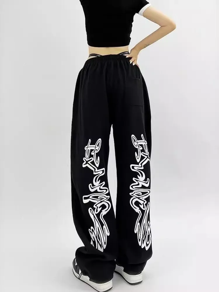 Retro American Streetwear Jazz Dance Loose Sports Straight Leg Pants Cuffed Printed Trousers for Women Polyester 100%