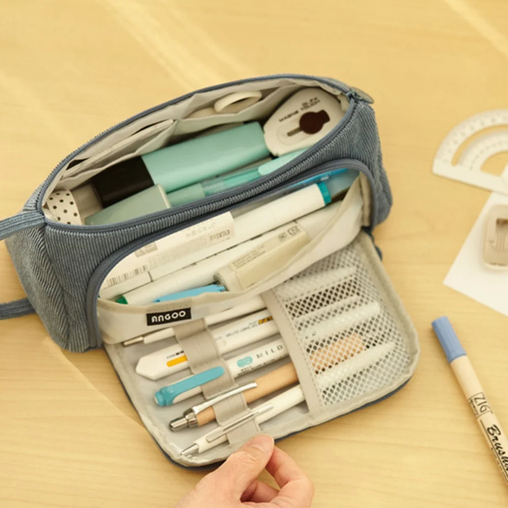 Corduroy Stationary Pen Storage Bag Pen Pencil Bag Zipper School Pencil Case Multi Layer Large Capacity Cosmetic Travel Handbag