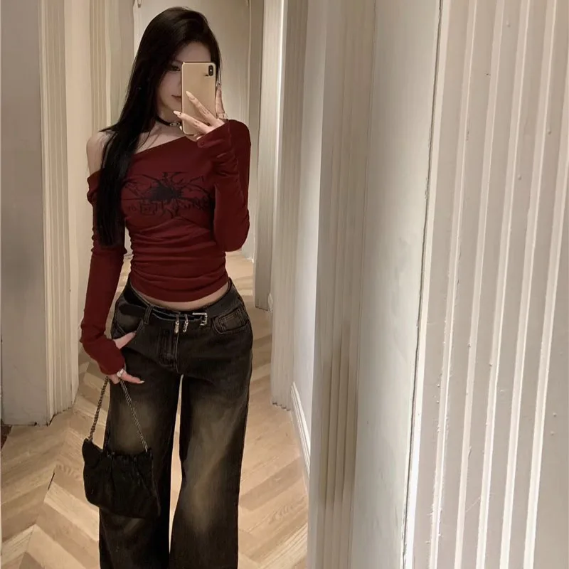 Y2K Gothic Grunge Printed T Shirts Women Sexy Off Shoulder Slim Slash Neck Crop Tops Female Korean Streetwear Long Sleeve Tees