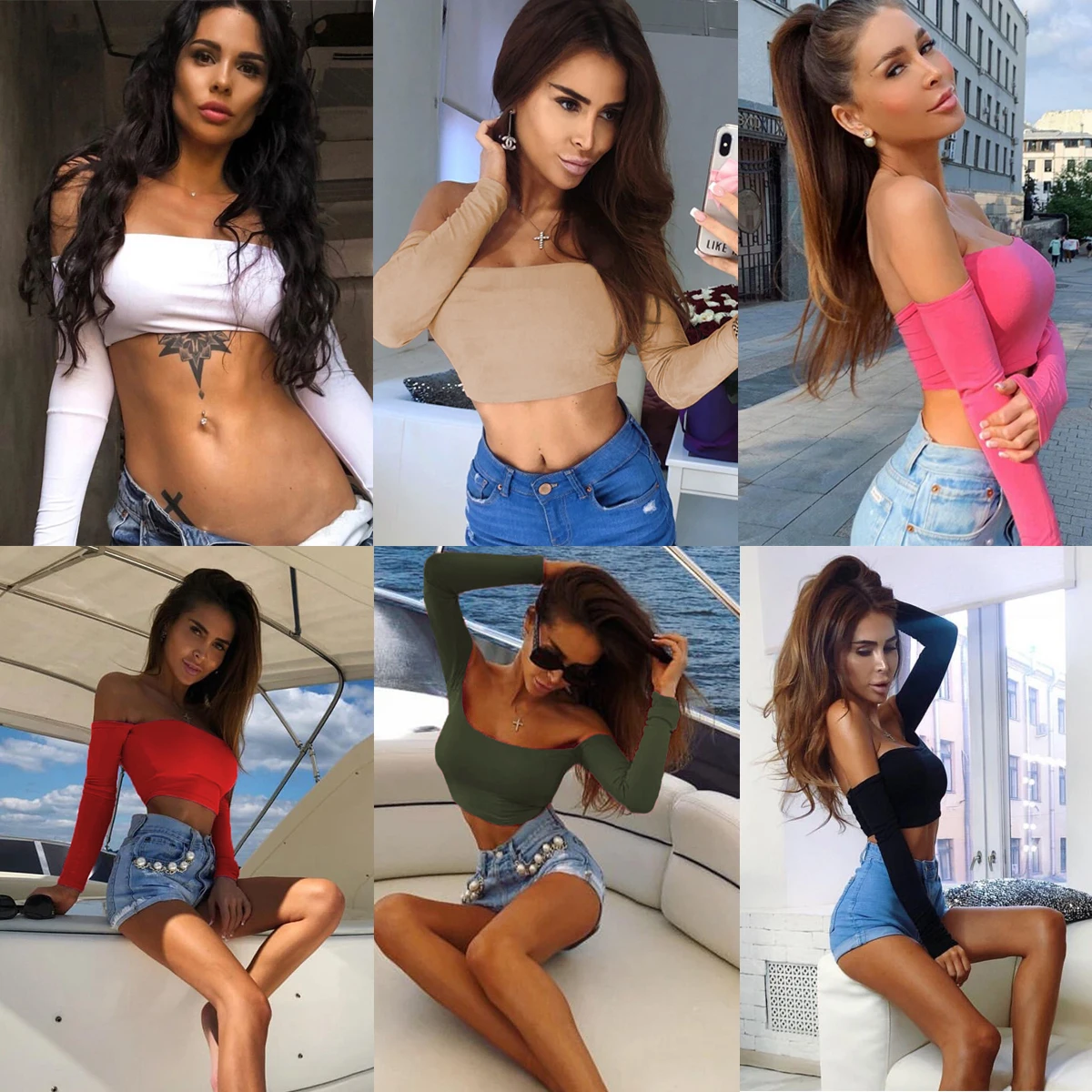 

Trafza Woman 2025 Open Navel Straight Neck Short Vest Sexy Off Shoulder Long Sleeved Woman Clothes Free Shipping