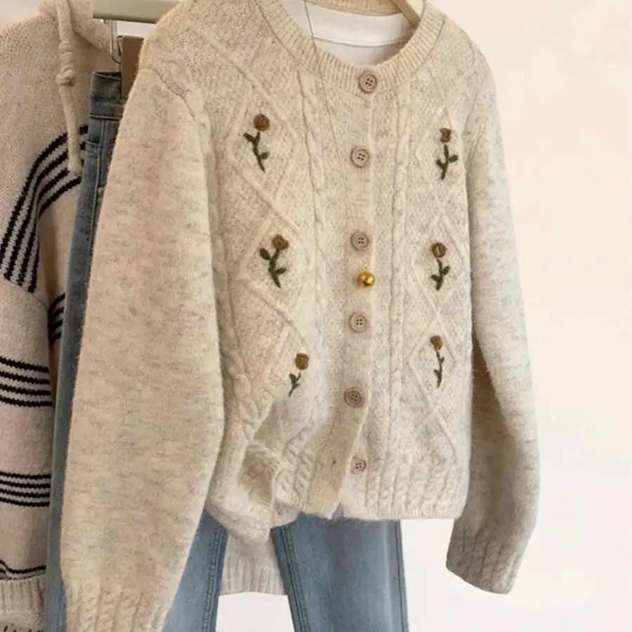 

Уникальный женский вязаный свитер, кардиган, повседневный кардиган из полиэфирного волокна, длинный свеч, круглый, длина Ne ort, с растительным цветочным узором