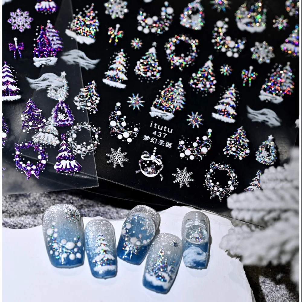 1sheet Gilded Snow Christmas Tree Nail Art Stickers Laser Glitter Crystal Ball Wreath Nail Decal Adhesive Shiny Manicure Sliders