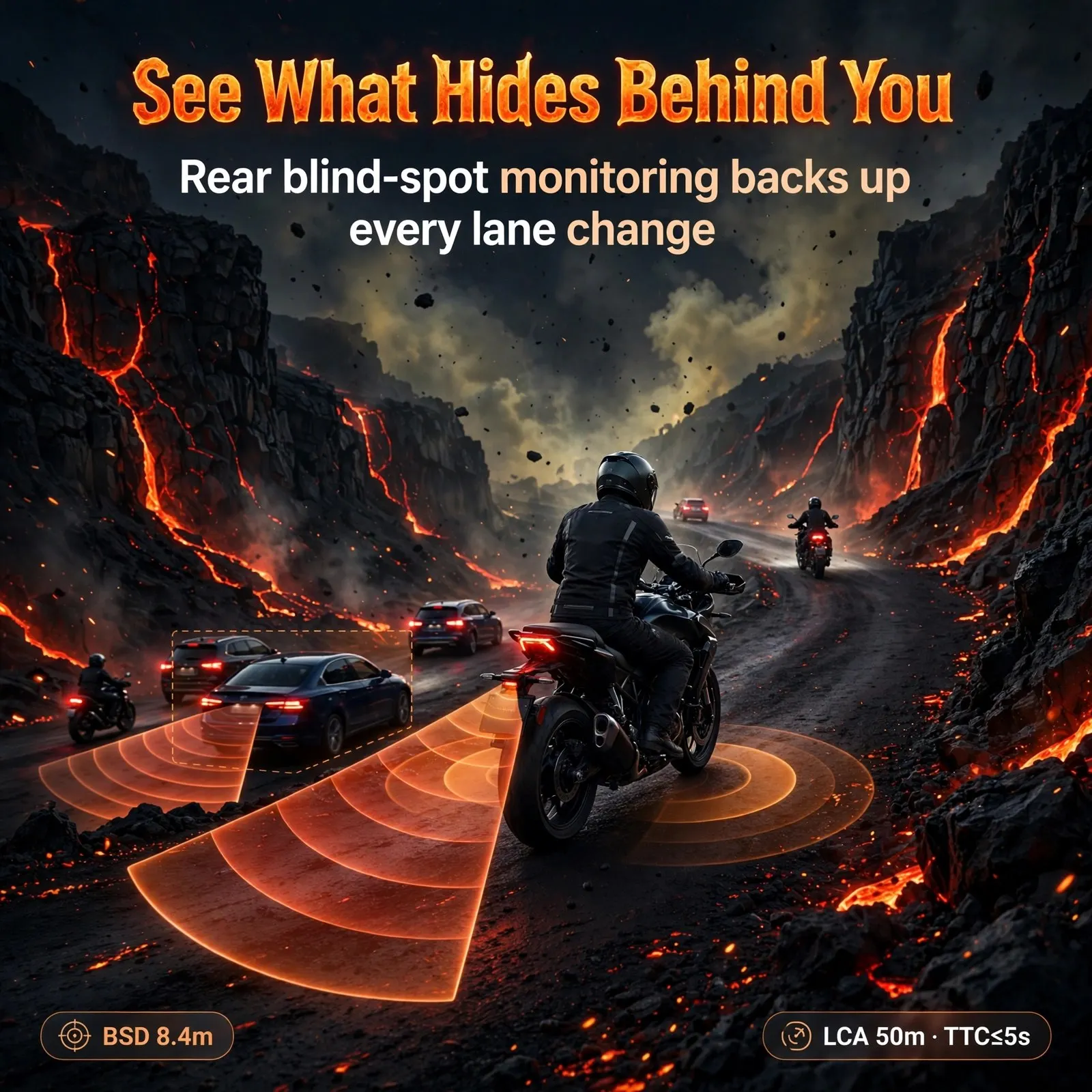 77GHz Blind Spot Radar for Motorcycles – Dual LED Mirror-Stem Alerts, 70m Rear Detection Range, BSD 8.4m, LCA 50m (TTC≤5s), IP67