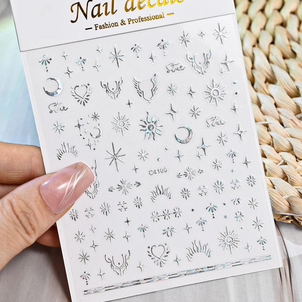 

Laser Silver Moon Star Nail Sticker 10*8cm Bronzing Heart Gold&Silver Adhesive Sliders Decals Manicure DIY Fingertips Decoration