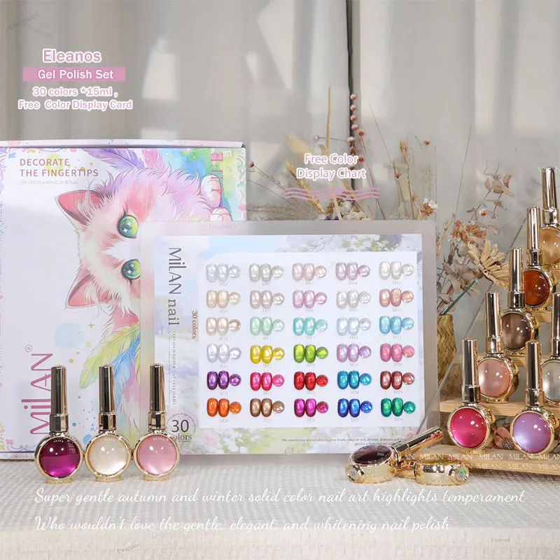 Eleanuos New 30-Color Gem Bottles Cat Eye Gel Set With Color Card Delicate Satin Glass Bead Crystal Cat Eye Nail Polish Gel 15ml