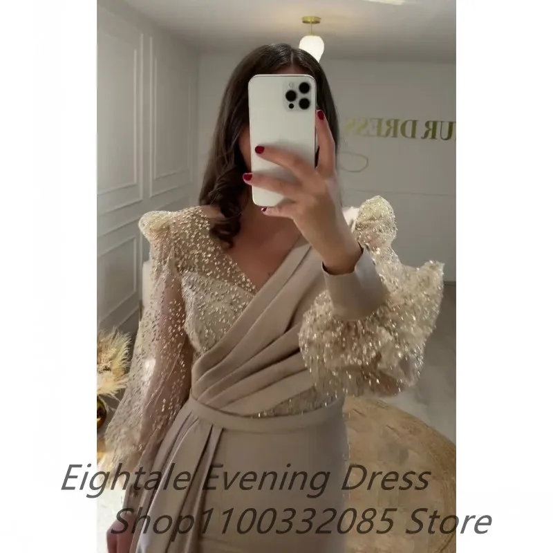 Customized Champagne Evening Dress for Wedding Party V Neck Glitter Long Puffy Sleeves Mermaid Satin Arabic Celebrity Prom Gown