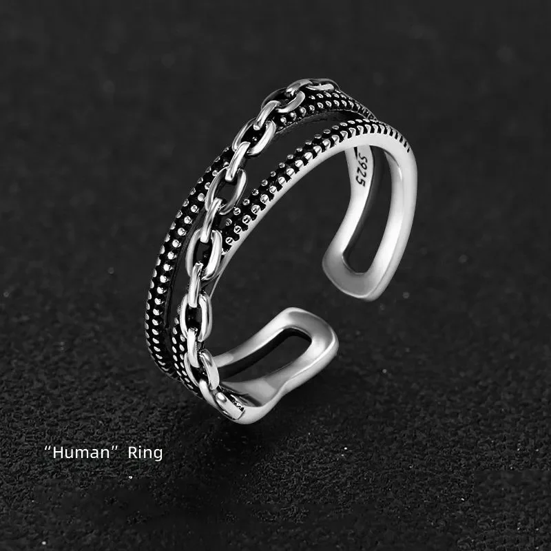 Vintage Anti Thai Silver Ring Men Single Ring Korean Version Cold Wind Cross Chain Ring Winding Chain Ring Jewelry