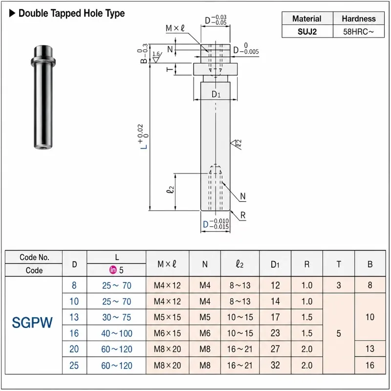 SUJ2 SGPW Quick Release Guide Post 58-62 HRC Double Tapped Hole Type High Wear Resistance for Continuous Stamping Die