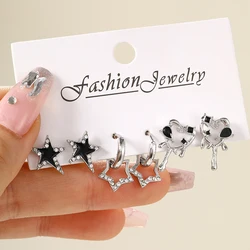 6pcs/Set Y2k Love Star Stud Earrings For Women Girl Vintage Irregular Zircon Bowknot Shiny Earrings Set Punk Trendy Jewelry Gift