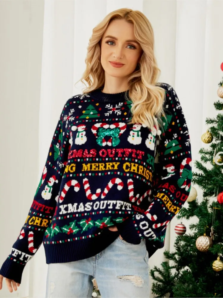 New Casual Loose Knitted Sweater Autumn And Winter Christmas Tree Round Neck Sweater Little Snowman Sequined Christmas Sweater