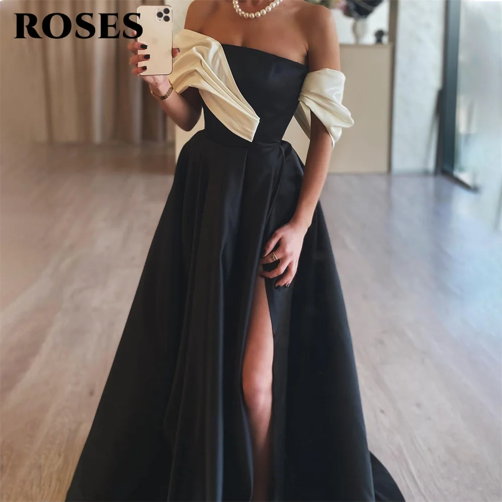 ROSES Off the Shoulder Stain Vestidos Formais, A Line Party Dress for Wedding, Vestidos para Ocasiões Especiais com Split