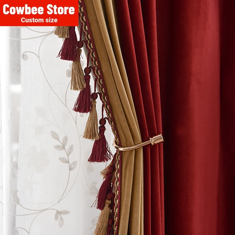 

Custom Vintage Velvet Wine Red Curtains for Living Dining Room Bedroom Blackout Splicing American Wedding Room Floor Floating