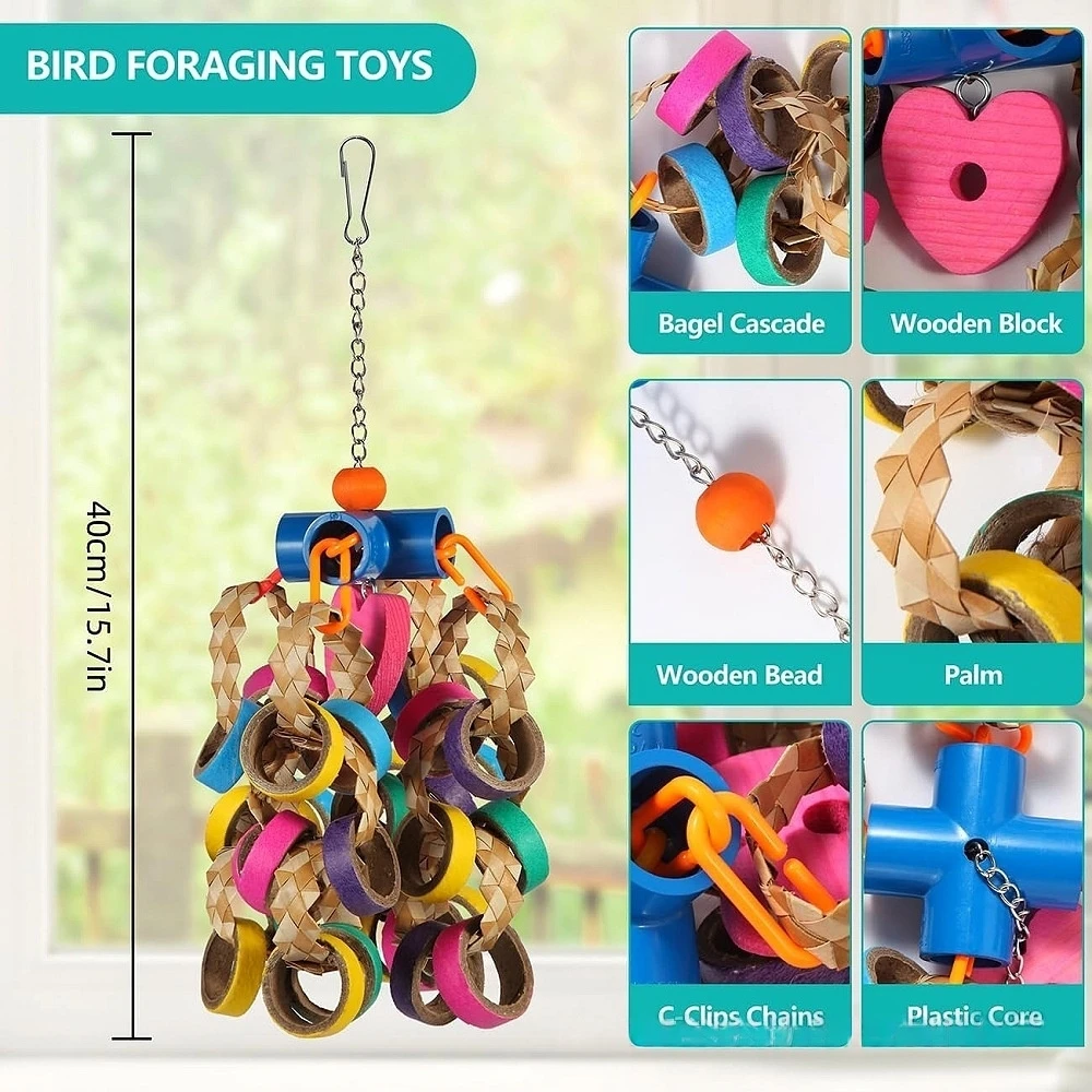 

Parrot Foraging Toy Colorful Shredder Chew Toy with Natural Palm & Spools Hanging Bird Cage Toy for birds