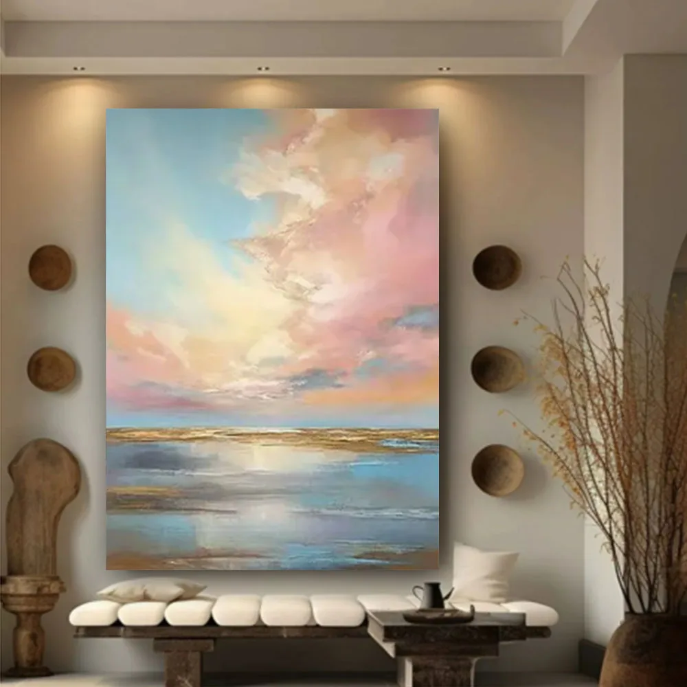 Interior With Sea View Decor Hand Painted Oil Paintings On Canvas Thick Oil Texture Scraper Draws Kanagawa Wave Pattern Wall Art