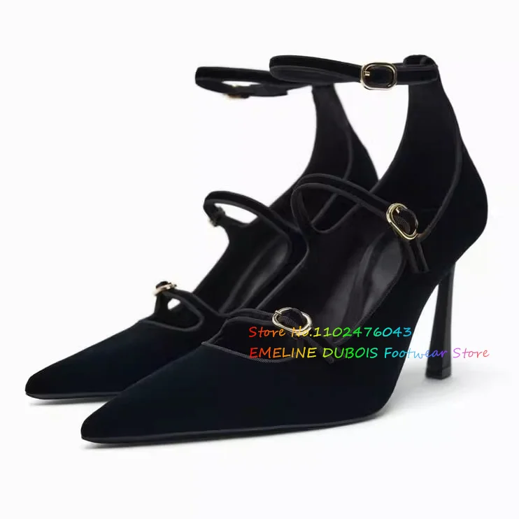 

Luxury Black Velvet High Heels Pumps Pointed Toe Double Buckle Stiletto Heel Ankle Straps Sandals Ladies Banquet Dress Shoes