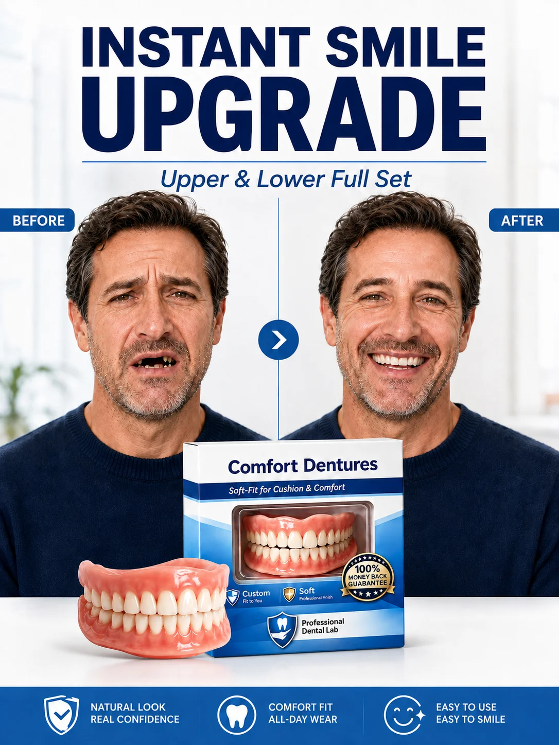 Dentures Full Set Upper Lower Removable Fake Teeth Natural Look For Missing Teeth Comfortable Fit Full Mouth Instant Smile