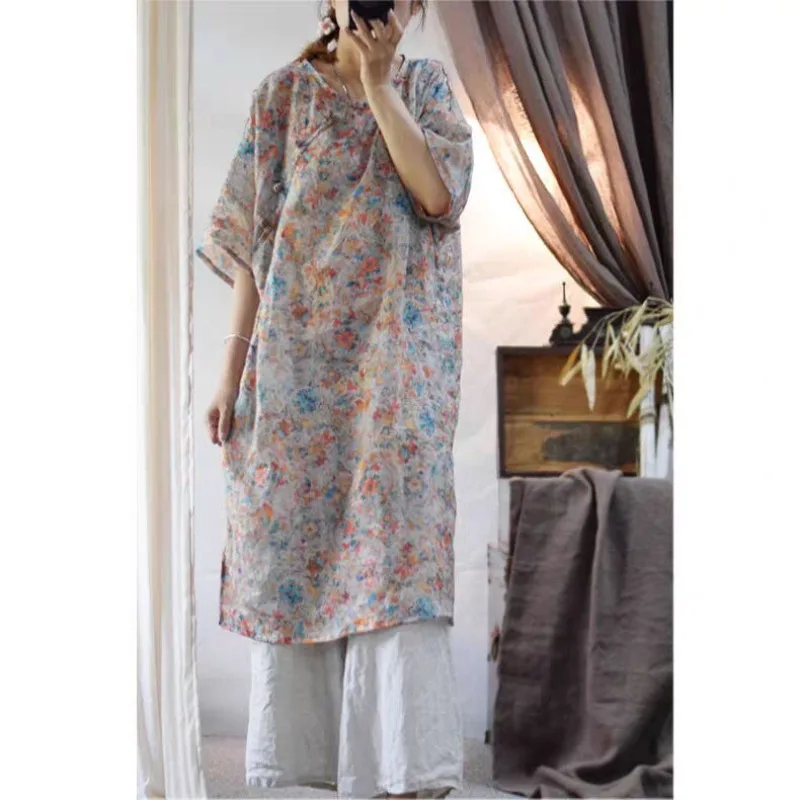 Original Chinese Retro Zen Shirt Dress Women Summer Ramie Printed Improved National Style Vintage Shirt Dress Female