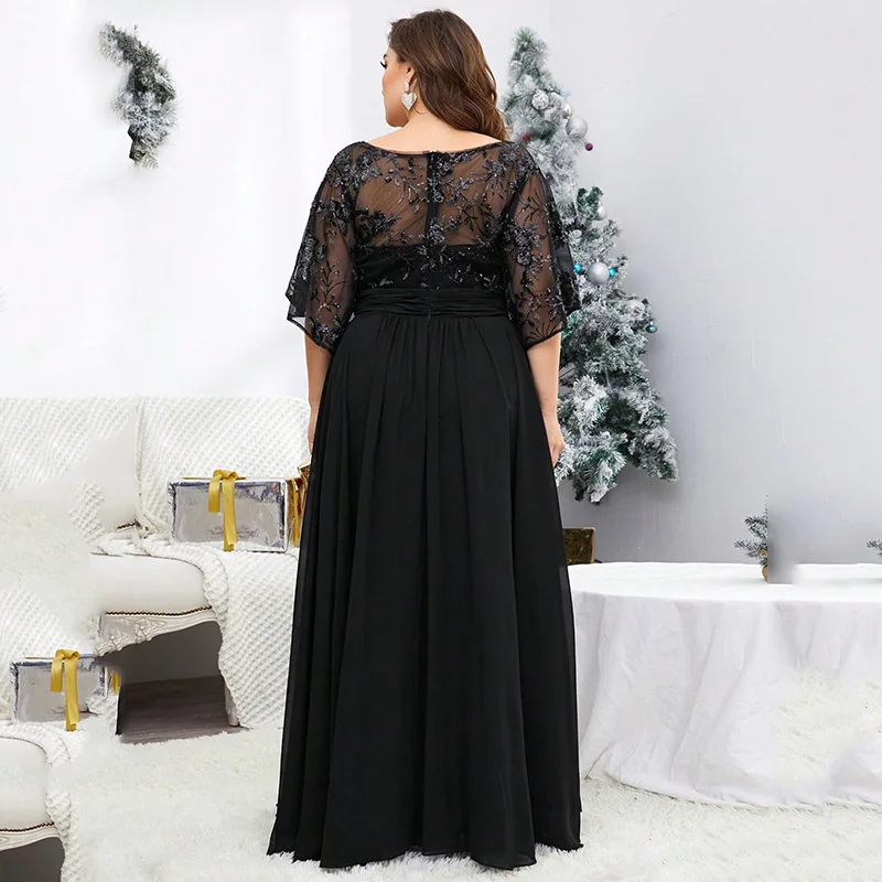 Elegante dames plus size sexy v-hals pure mesh mouw pailletten maxi-jurk dames gegolfde feestjurk schoonheidskleding