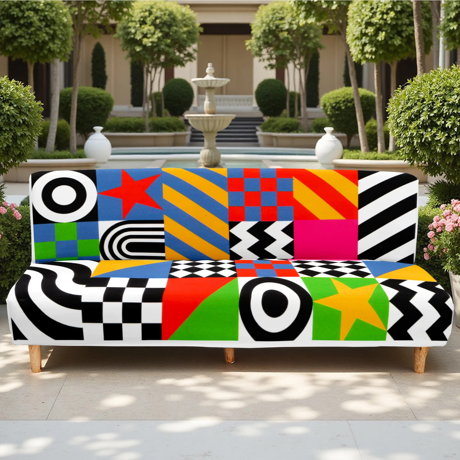 Vibrant Geometric Print Summer Outdoor Futon Cover, Elastic Milk Silk Sofa Slipcover, Pet-Friendly, Washable
