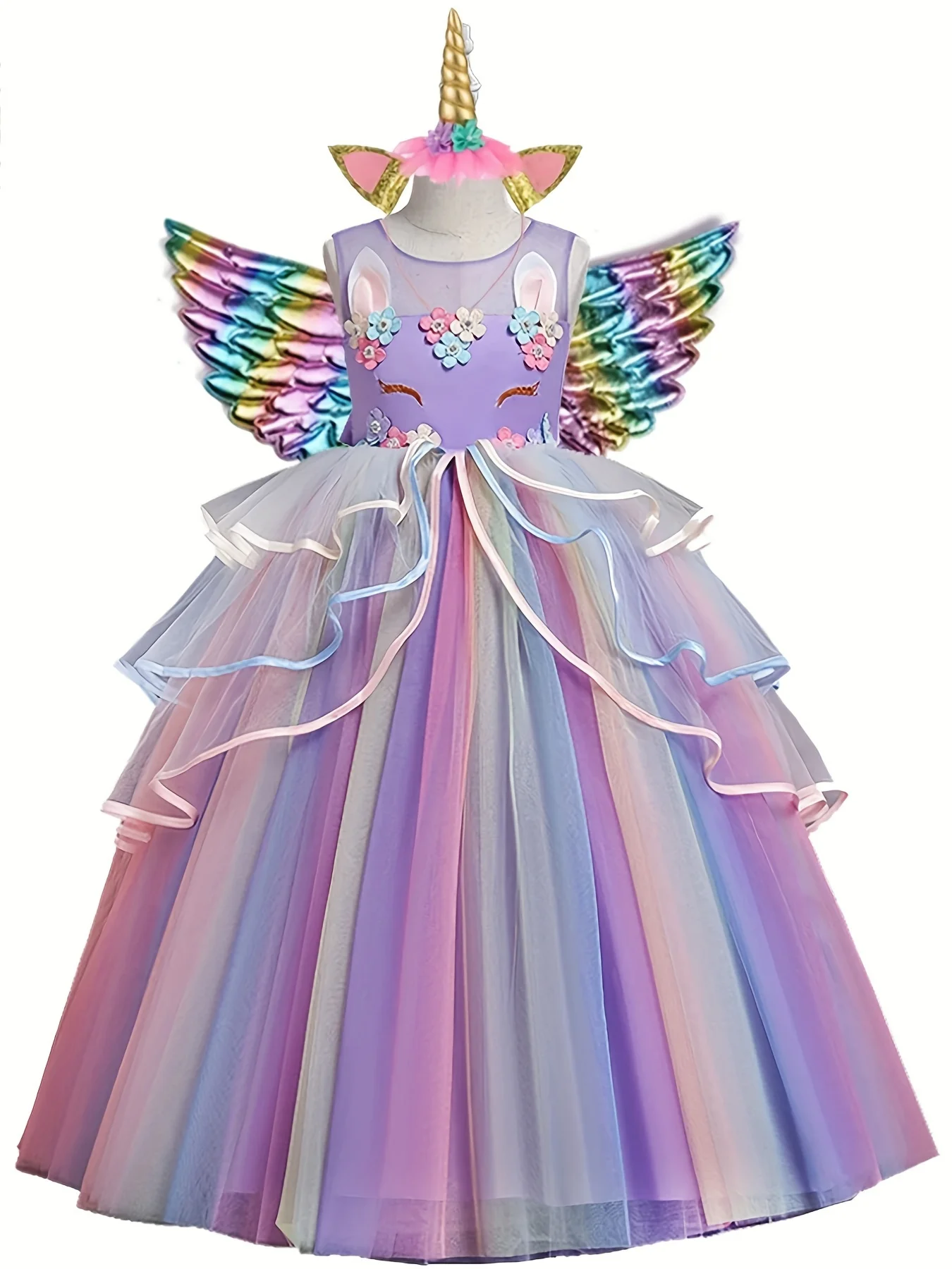 Fancy Dress For Girls Prom Party Unicorn Costume With Wing Headband For Children Pageant Princess Birthday Party Maxi Prom Gown