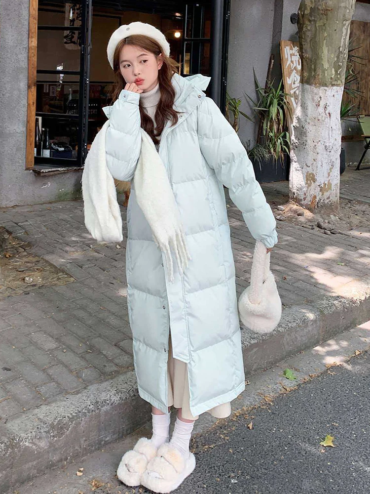 Winter Long Hooded Solid Down Jacket Women White Duck Down Waterproof Outwears Female Warm Thick Parker Knee Length Down Jacket