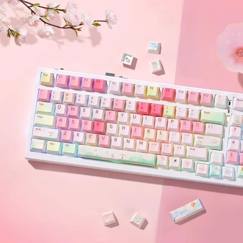 Ensemble de touches roses sur le thème de la porcelaine, sublimation PBT, aucun profil, accessoires de clavier mécanique, capuchons de clavier personnalisés