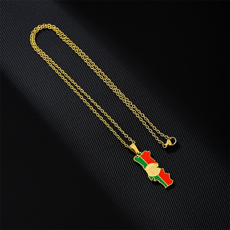 Enamel Portugal Map Flag Pendant Necklace Chain Women Stainless Steel Gold Color Patriotic Jewelry Portuguese PRT For Girl Gift view 4