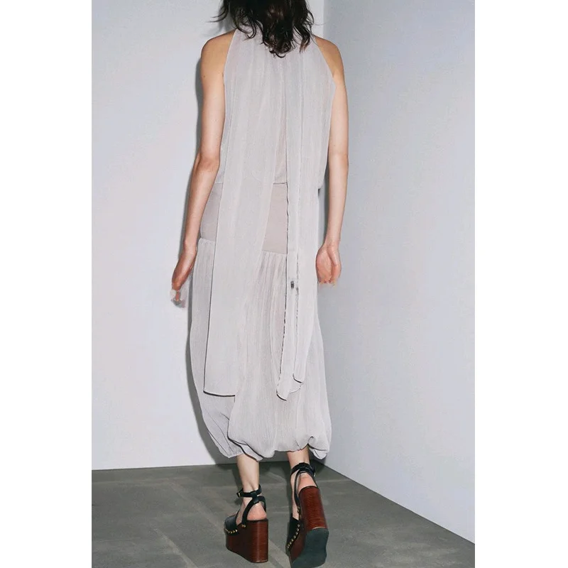 

New Summer Women's Rer Silk No-Sve Stand Collar Knot Comfortable Casual One-Piece High Waist Long Pants Polye...