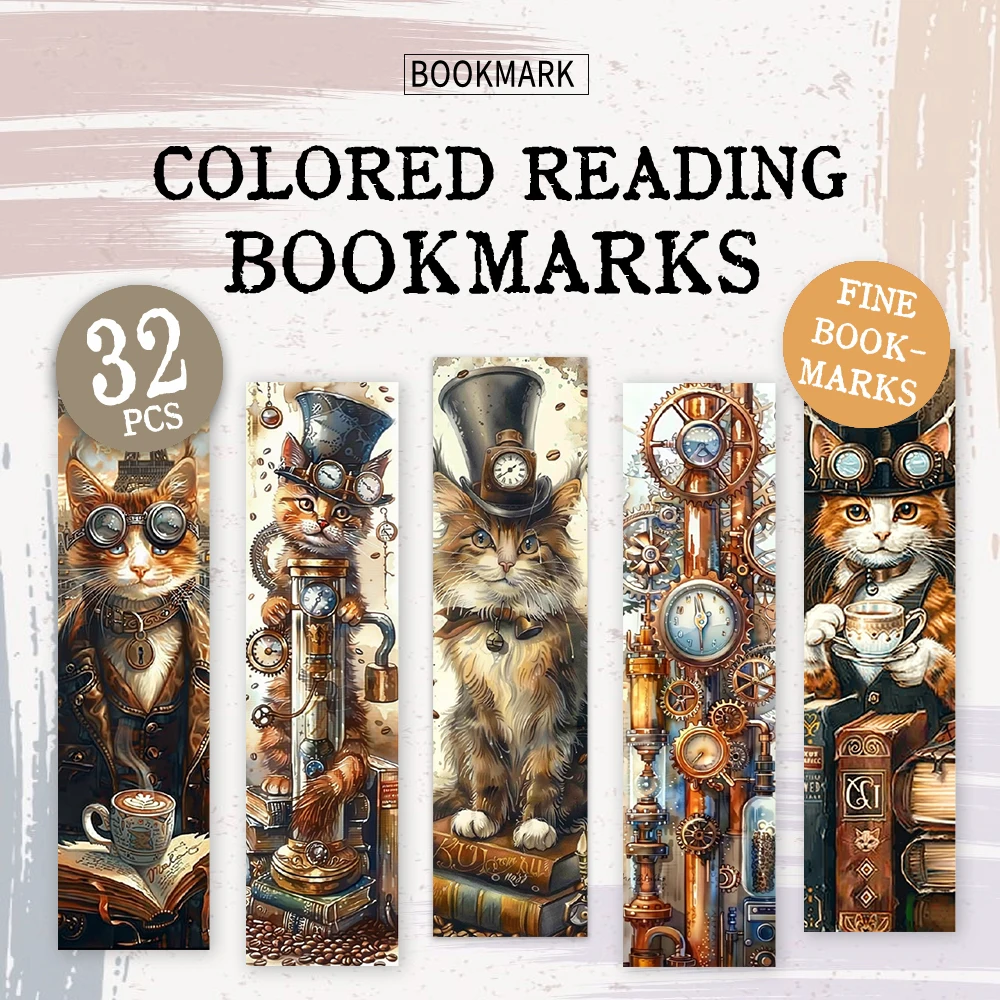 Marque-pages Steampunk Machine Cat 32 pièces, Art Vintage, idéal pour les enseignants, les lecteurs et les amateurs de livres, cadeau d'anniversaire parfait du nouvel an