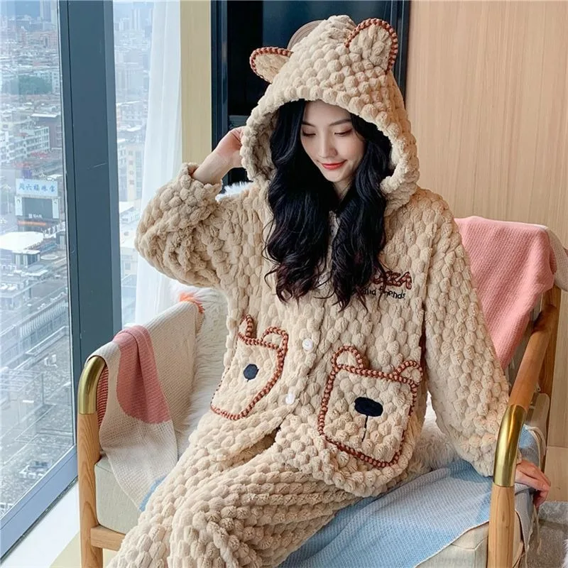 2023 New Autumn Winter Coral Velvet Padded Warm Plus Velvet Loose Plus Size Pajamas Female Cartoon Cute Student Homewear Suit