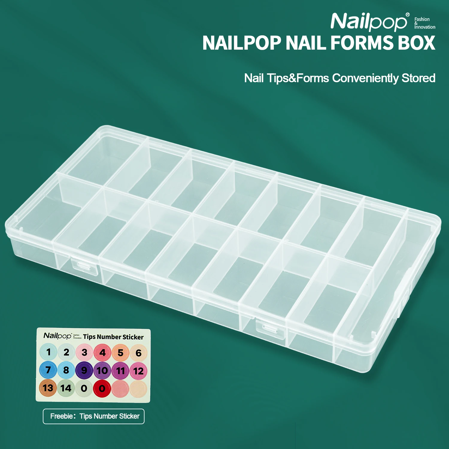 

Nailpop Nail Forms Box Clear PP Material 15 Grids False Nail Tips Storage Dual Buckle Design Case with Number Label Sticker 1pc