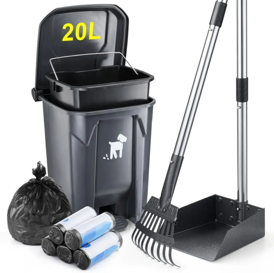 

Dog Waste Cleanup Set with Removable Bin, Long Handle Scooper, Rake, and 150 Bags for Small or Large Dogs