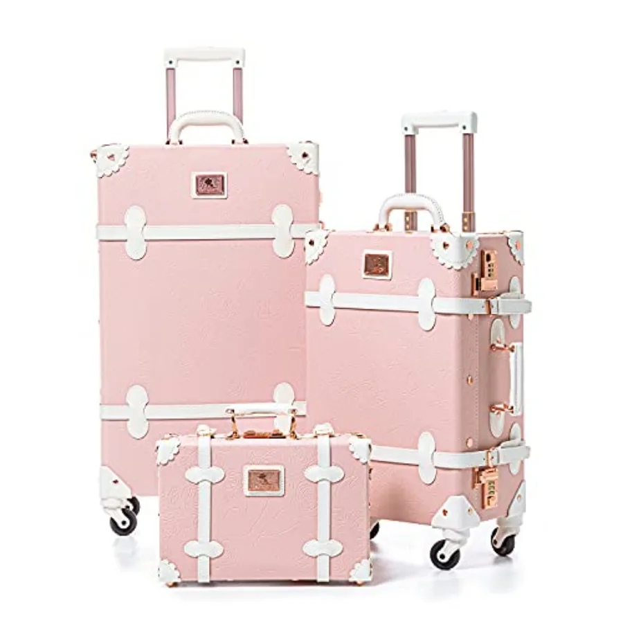 

Vintage luggage set for travel: embossed pink 3-piece retro spinner suitcases 26+20+12 with carry-on cosmetic train bag, ABS ma