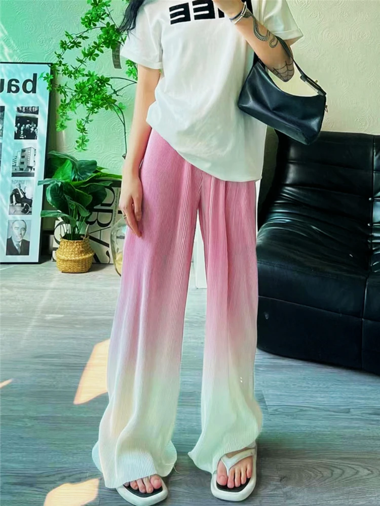 Ombré Tie Dye High Waist Wide Leg Pants Folded Texture Casual Lounge Palazzo Pants for Women Loose Fit