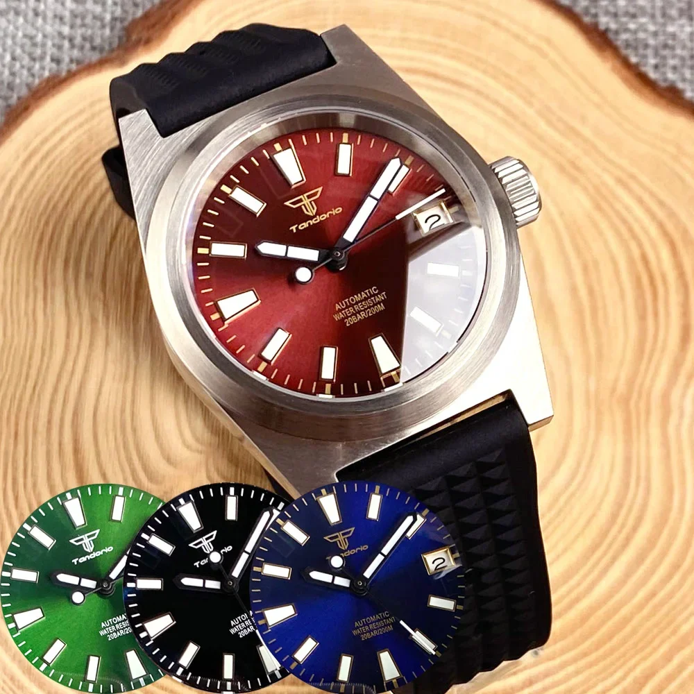 Tandorio 38mm AR Sapphire Glass NH35A Automatic Movement Watch For Men Red Blue Black Brushed case 200M Waterproof Rubber Strap