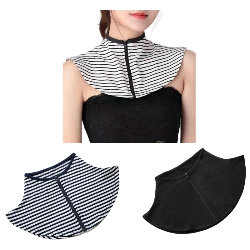 

Elegant Striped Zippered Faux Collar Scarf Wrap Neckpiece for Women's Sun Protection Turtleneck Mock Blouse False Collar