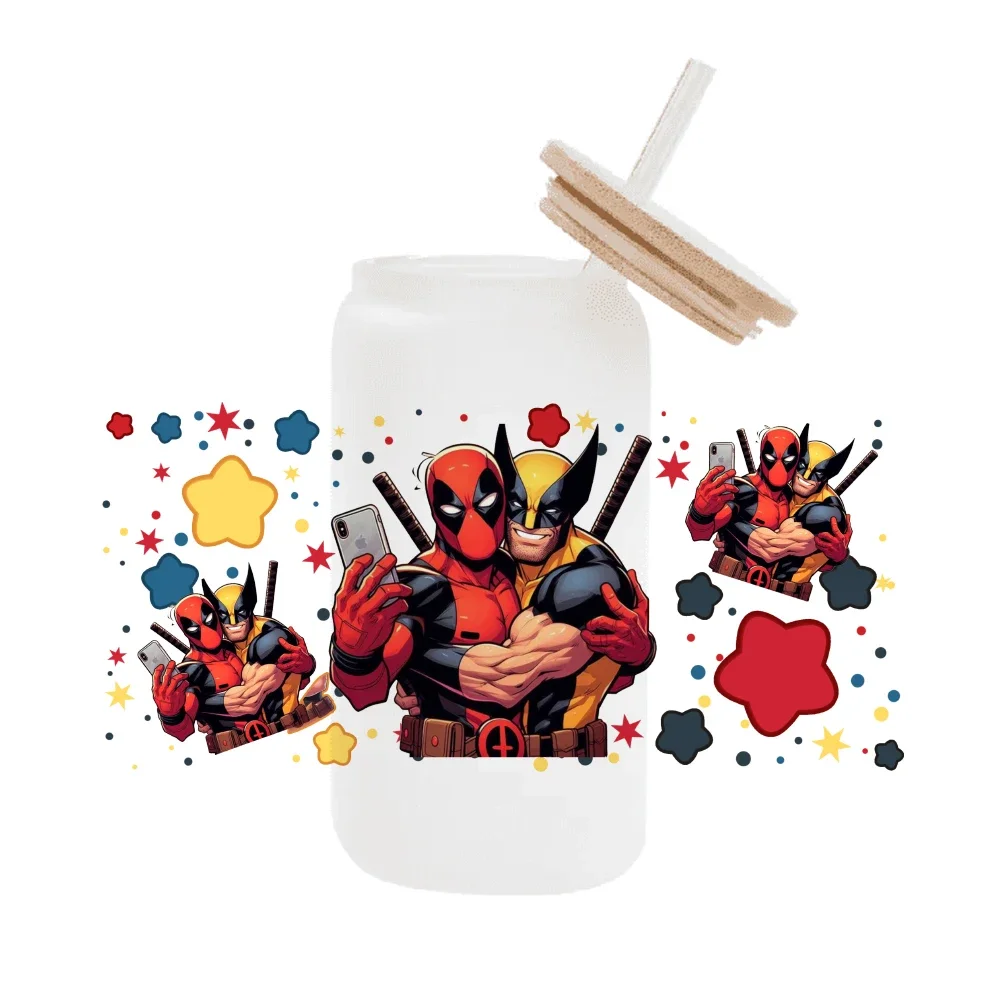 Disney Marvel Deadpool and Wolverine  cartoon For Libbey 16oz Can Glass 3D Waterproof UV DTF Coffee Can Wrap Libbey Glass Wrap