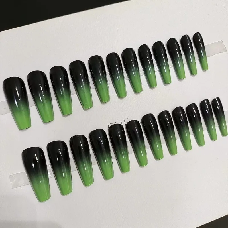 24 Pcs Decorated Press on Acrylic Nails Set with Glue Black Green Gradient Artificial False Nails To Stick on Long Nail Art 2024