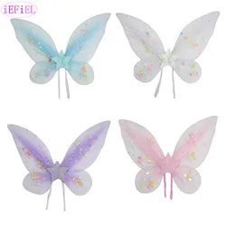 Party Accessory Butterfly Wings with Elastic Shoulder Straps Pompom Balls Shiny Star Flimsy Sheer Fairy Wings for Kids Girls