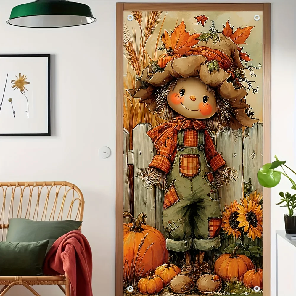 2D flat, 2D door banner, 1 cute scarecrow with sunflower and pumpkin door banner -2D flat printing seasonal autumn decoration