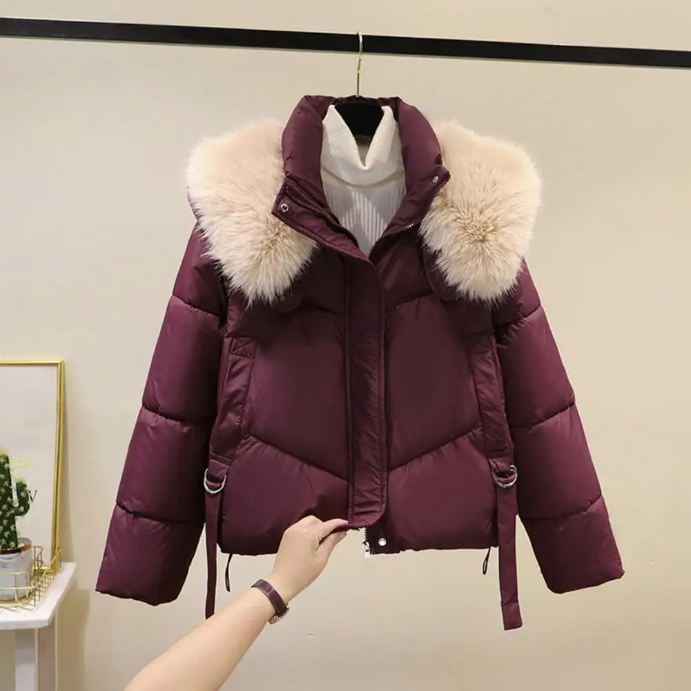 Women Cotton Coat Windproof Winter Down Coat With Furry Hood Heat Retention Padded Parka Jacket For Weather Outwear With Stand