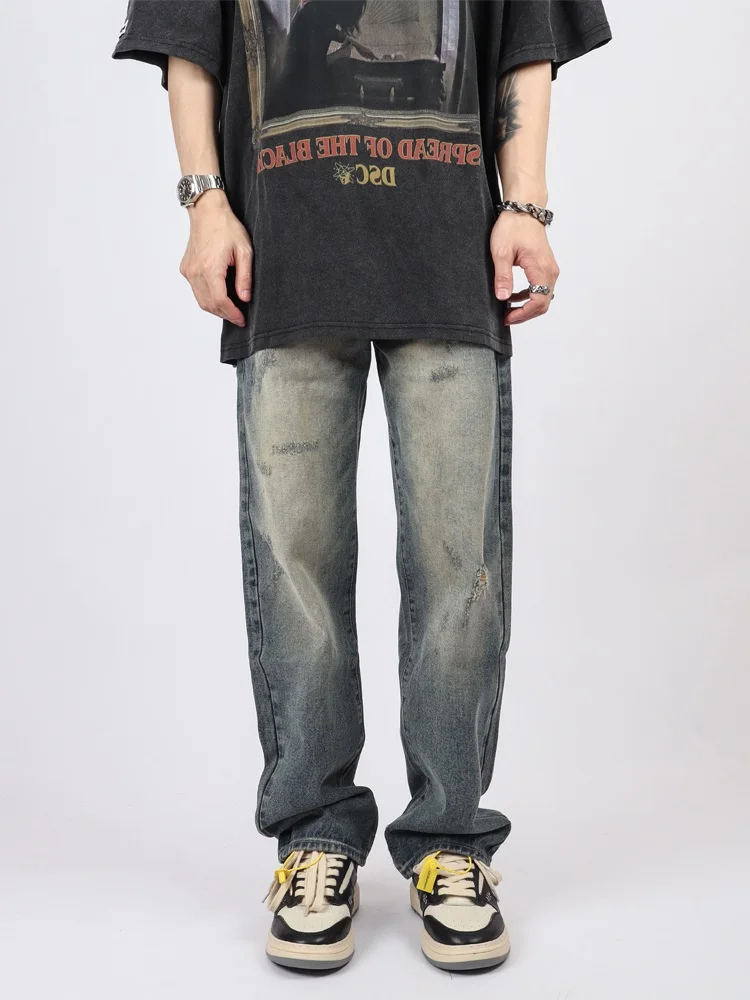 

Retro American High Street Loose Fit Waed out Distred Denim Jeans Casual Long Trousers for Men And Women