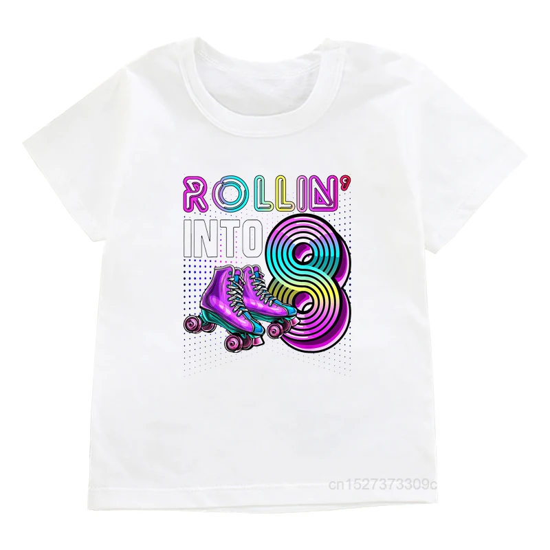 Girls 6/7/8/9 Birthday Party Tshirts Kids Rollin’Into 10/11/12 Roller Skating Print Clothing Baby New Fashion White Tops