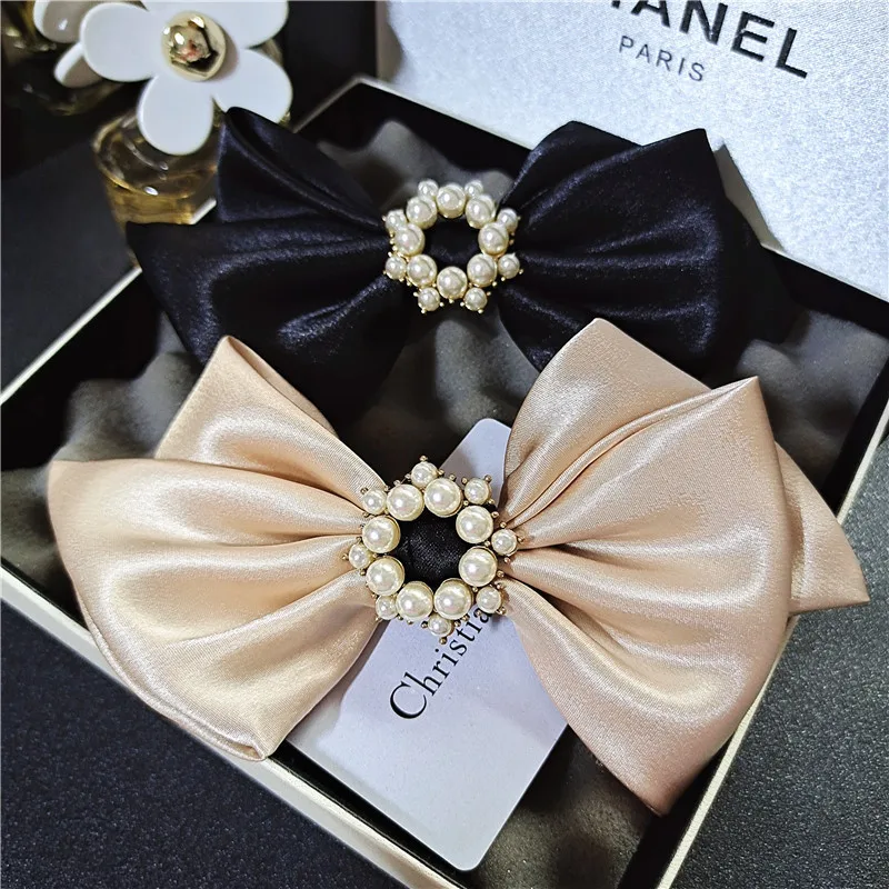 High-quality pearl satin bow hairpin female back head headdress simple temperament small fragrance ponytail hair accessories