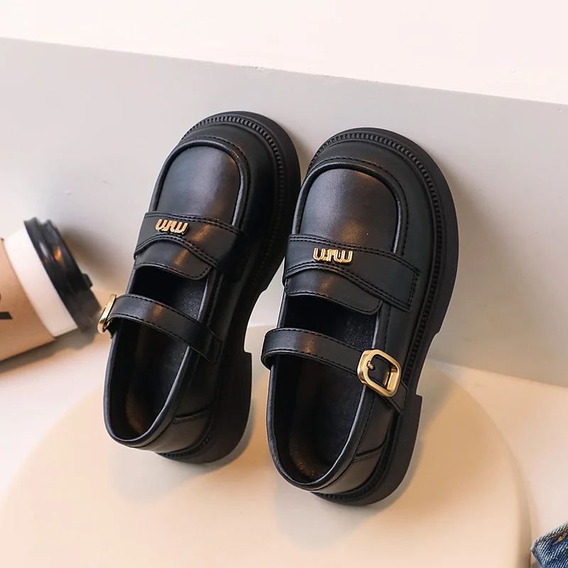 Children Leather Shoes Girls Fashion Metal Buckle Quality Leather Shoes British Style Soft Sole Princess Shoes Size 26-35