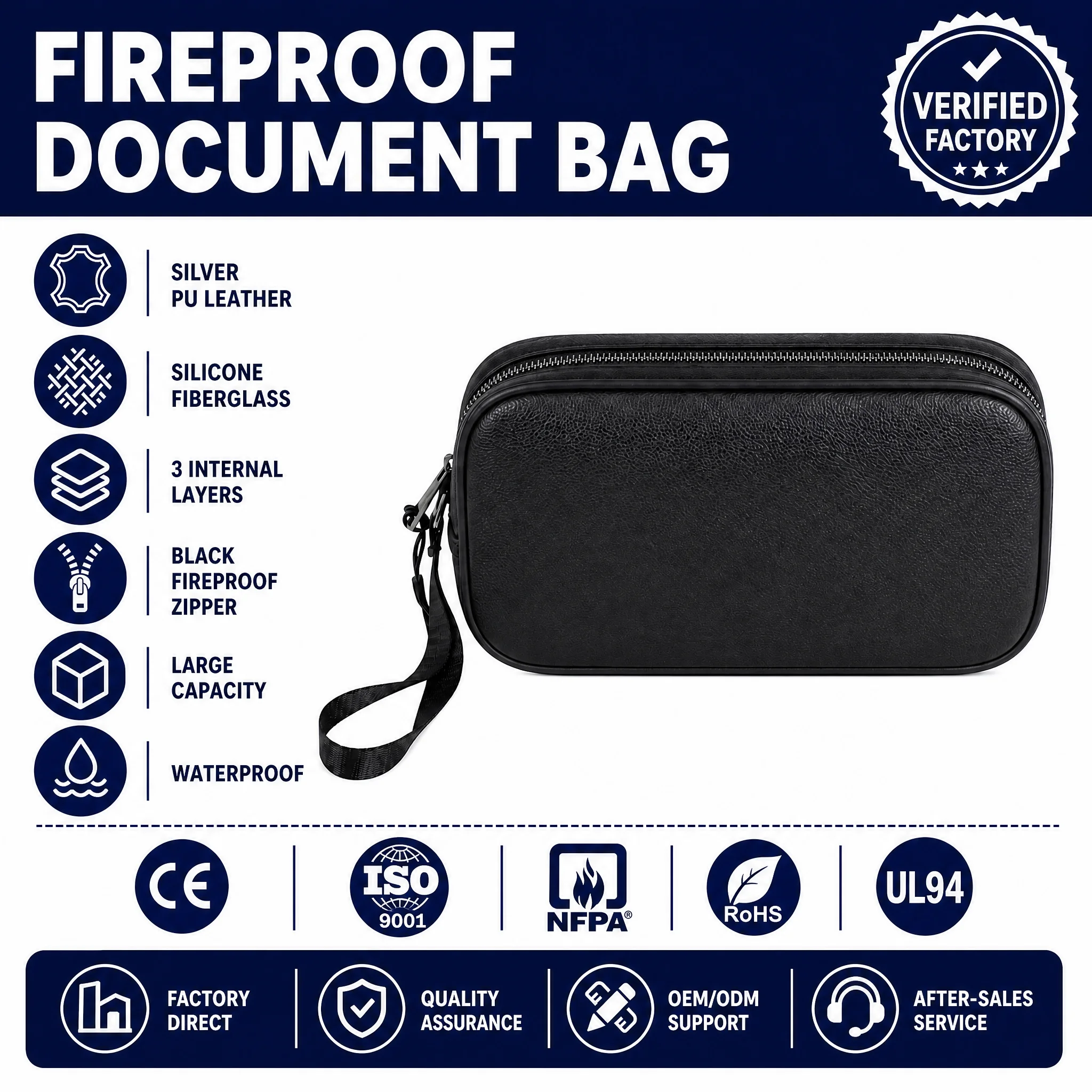 OEM Factory Fireproof Storage Bag Black PU Leather Silicone Fiberglass Pouch Multi-Layer Safety Organizer for Battery Files