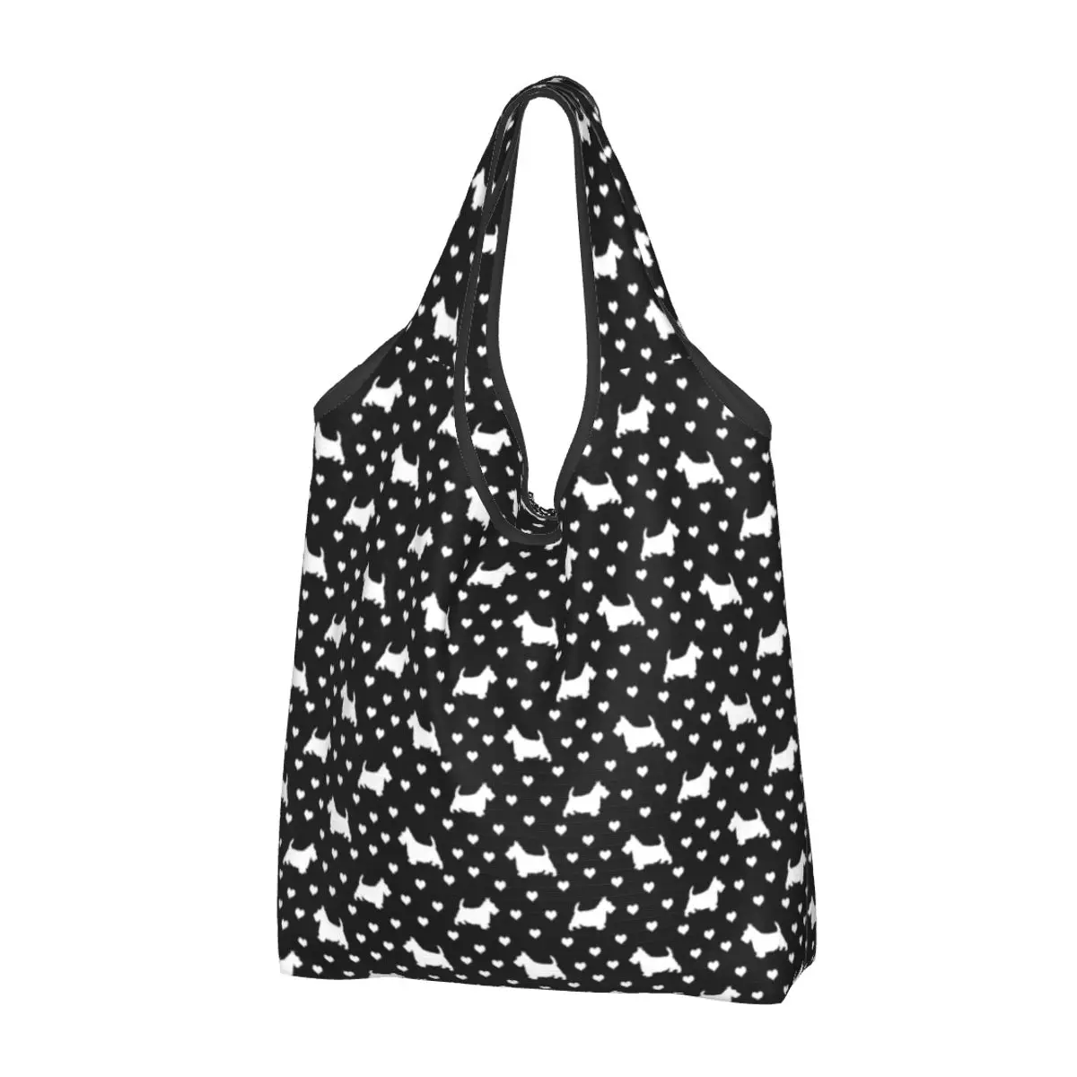 Reusable Black And White Scottish Terriers Hearts Shopping Bag Women Tote Bag Portable Scottie Dogs Groceries Shopper Bags