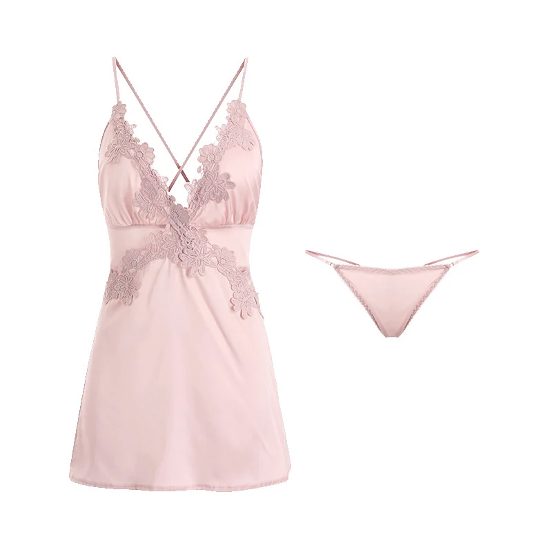 Meet\'r Satin Sleepwear Women Sexy Embroidery Backless Nightdress V-neck Pajama With Thong Nightgown Sling Tether Night Homewear