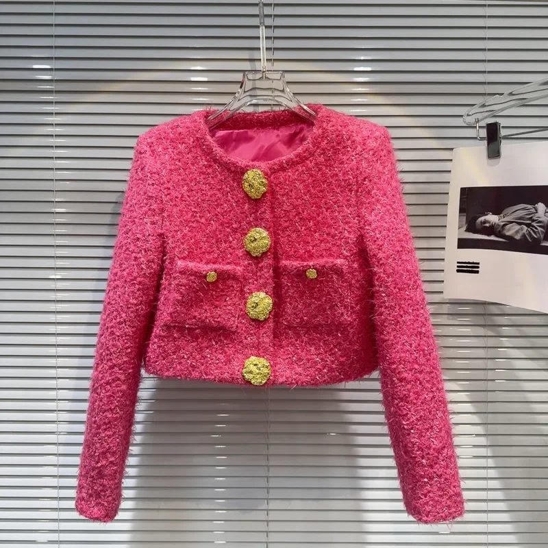 2024 Autumn New Arrival Big Gold Buttons Tweed Jacket Rose Pink Short Coat Women Gs501