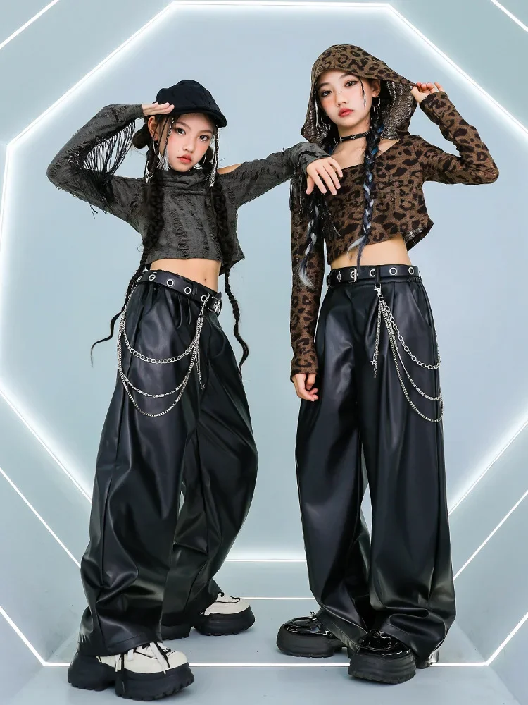 

Girls Hip Hop Clothes Cropped Ripped Off Shoulder Leopard Hooded Pu Leather Pant Kids Street Dance Costume